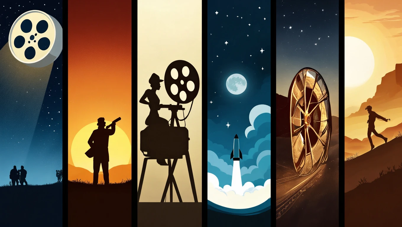 Eine stilisierte Darstellung verschiedener Filmgenres mit Filmrollen und Silhouetten.