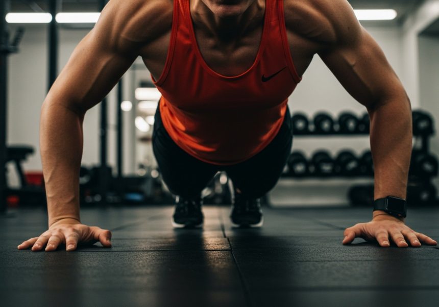 Eine Person macht Liegestütze in einem Fitnessstudio mit Fokus auf die Technik.