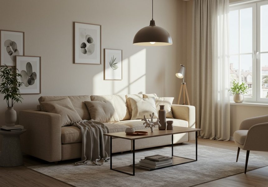Ein stilvolles, beiges Wohnzimmer mit gemütlicher Couch und Pflanzen.