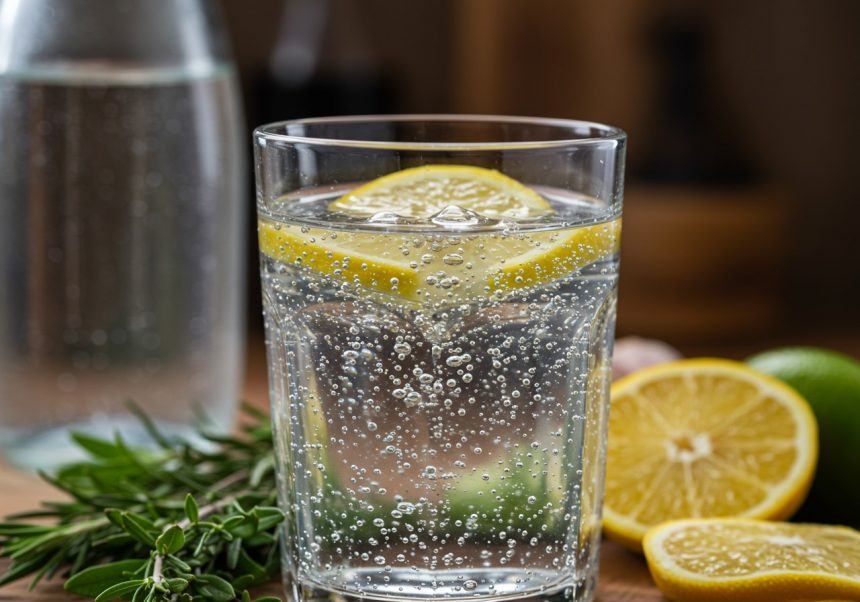 Ein Glas sprudelndes Mineralwasser mit Zitronenscheiben und frischen Kräutern.