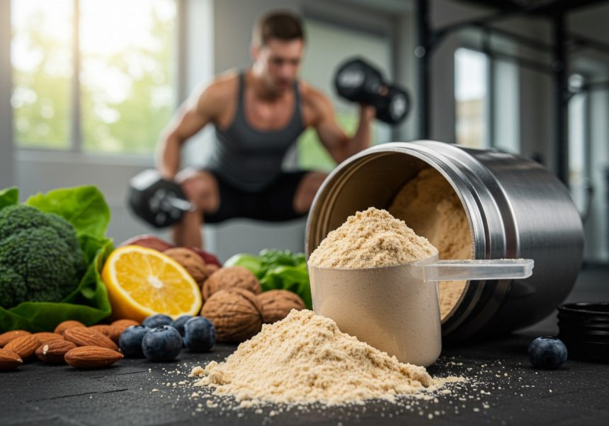 Ein Sportler hebt Gewichte mit Molkenproteinpulver und gesunden Lebensmitteln im Vordergrund.