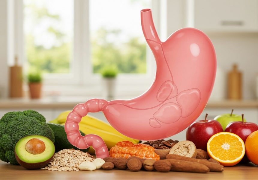 Ein stilisierter Magen umgeben von gesunden Lebensmitteln wie Obst und Nüssen.