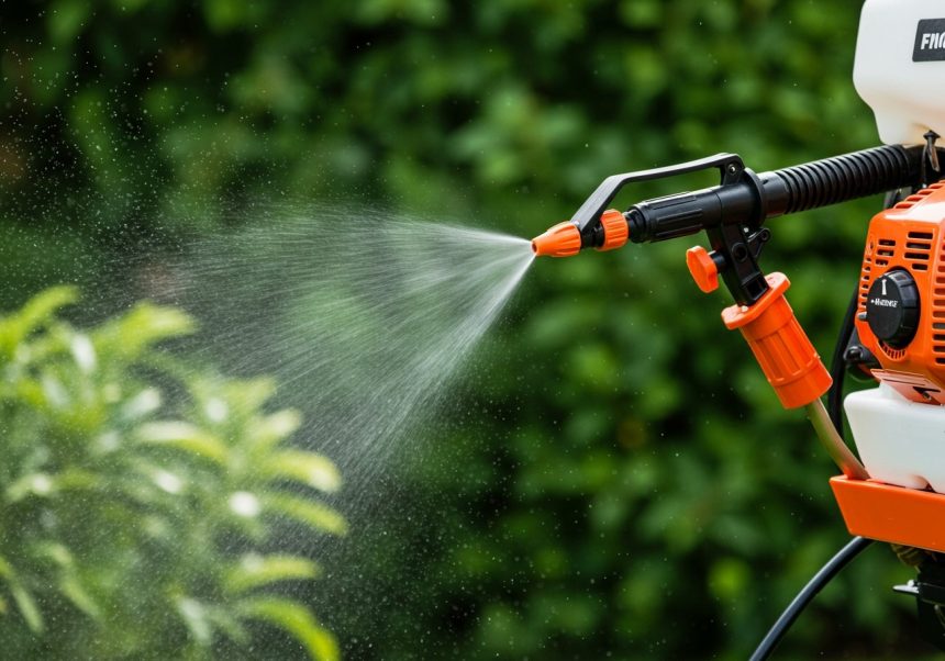 Nahaufnahme einer Motorrückenspritze, die Wasser auf Pflanzen sprüht.
