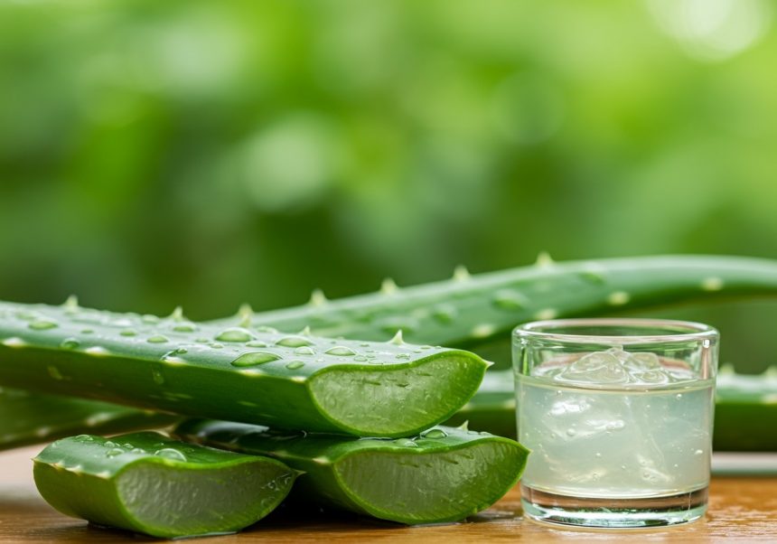 Frische Aloe Vera Blätter mit Gel in einem Glas, ideal für Hautpflege.