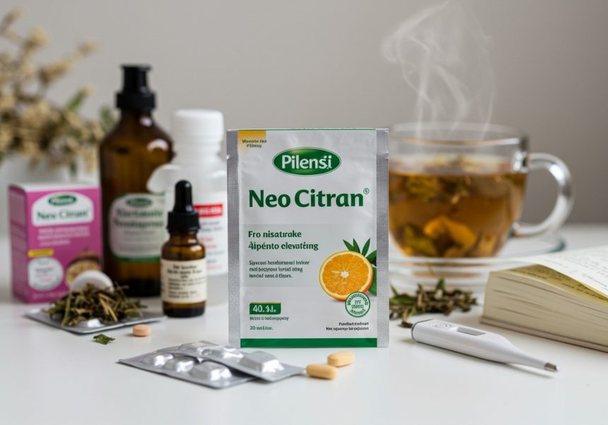 Eine Packung Neo Citran steht vor einer Tasse dampfendem Tee und weiteren Medikamenten.