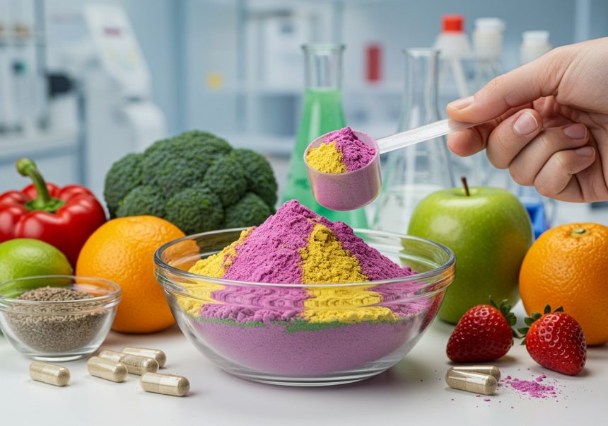Eine Hand hält einen Messlöffel mit buntem Pulver über eine Schüssel, umgeben von frischem Obst und Gemüse.