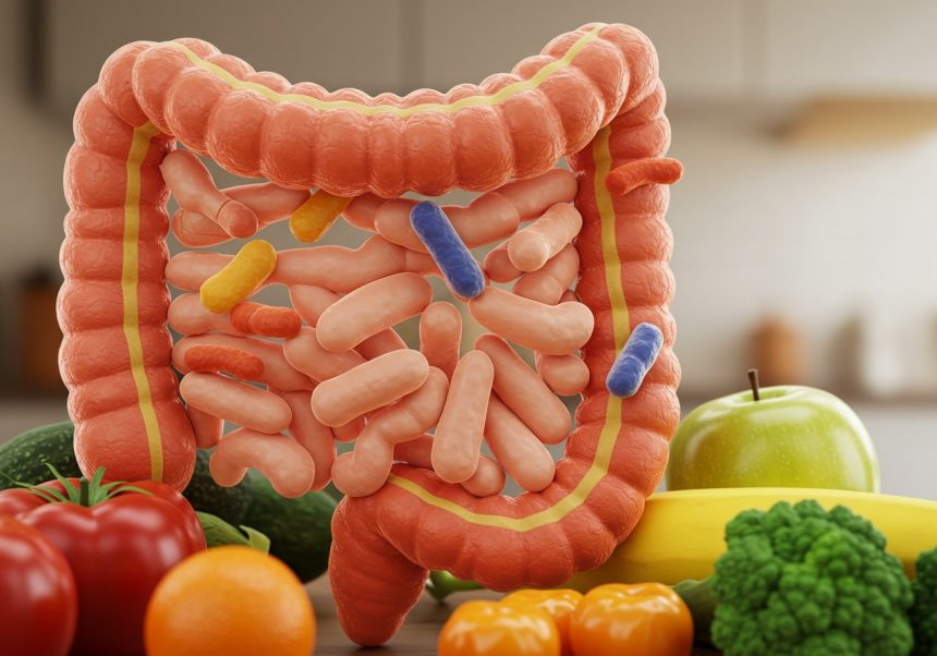 Illustration des menschlichen Darms mit Bakterien und frischem Gemüse.