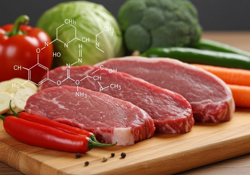 Frisches Fleisch und Gemüse auf einem Holzbrett, mit chemischen Formeln.