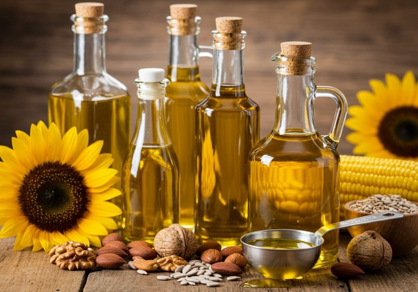 Verschiedene Öle in Flaschen, umgeben von Nüssen und Sonnenblumen, die Omega-6-Fettsäuren repräsentieren.