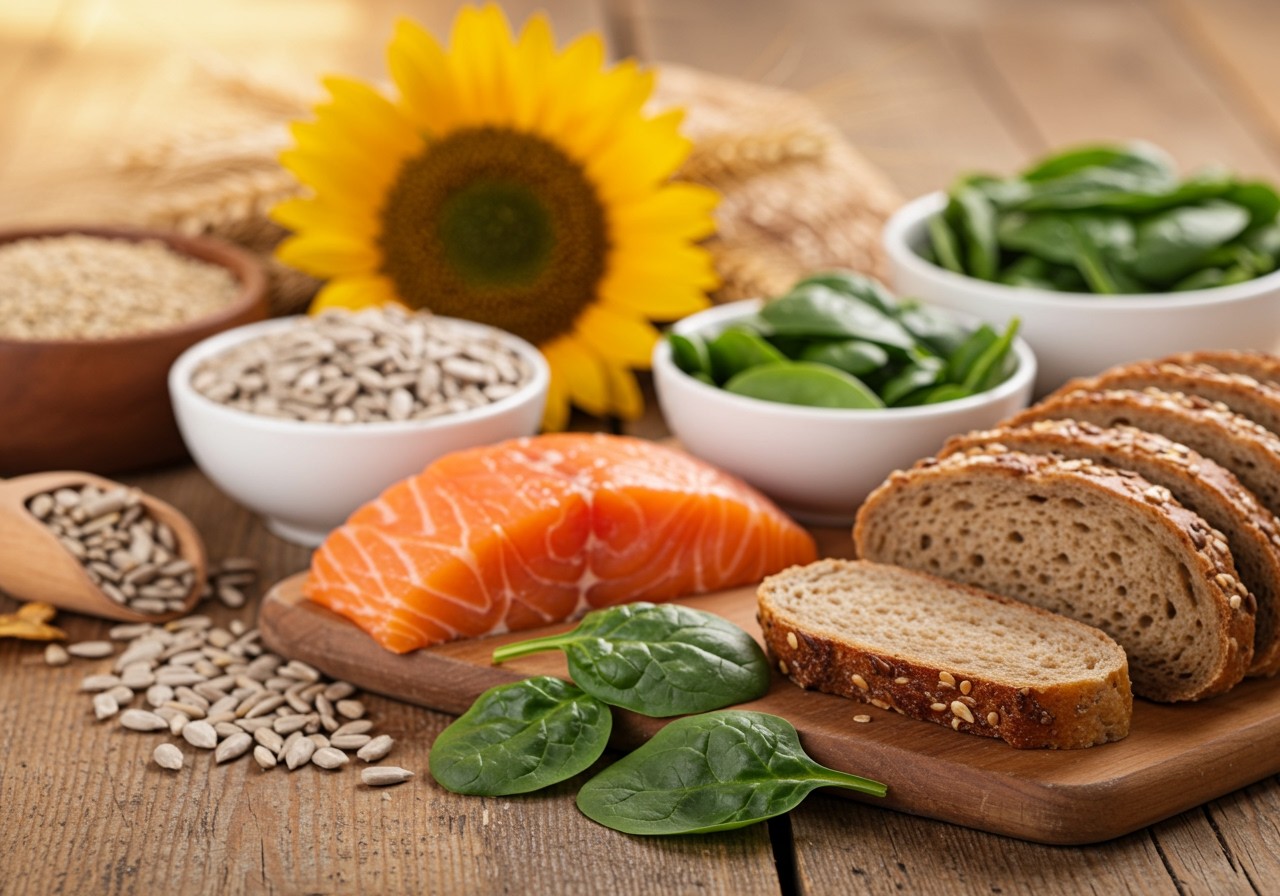 Eine Auswahl an gesunden Lebensmitteln: Lachs, Spinat, Sonnenblumenkerne und Vollkornbrot.