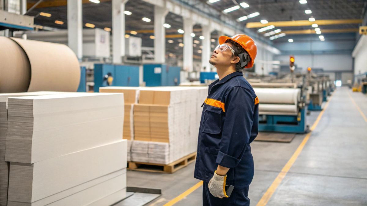 Ein Arbeiter in einer modernen Papierfabrik betrachtet die Produktionslinie.