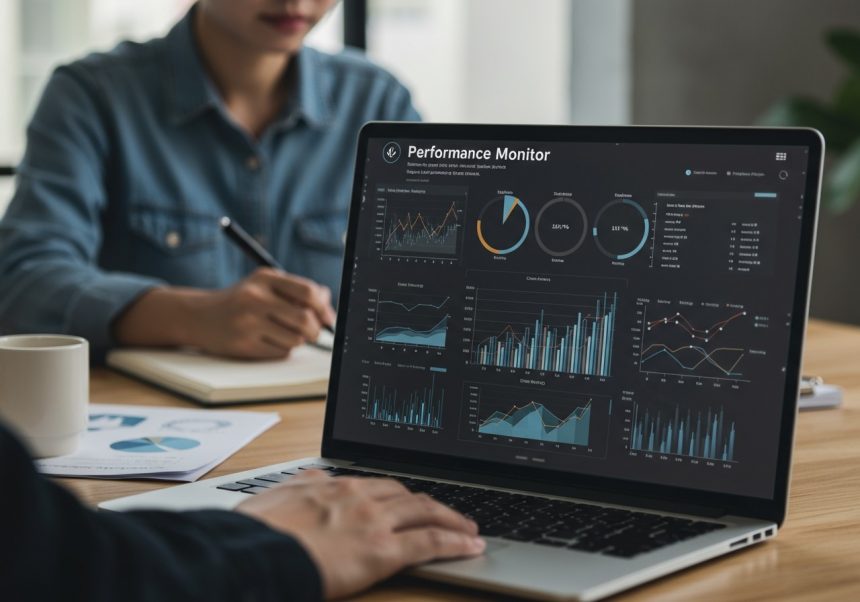 Ein Laptop zeigt ein Dashboard mit Performance-Monitor-Daten und Grafiken.