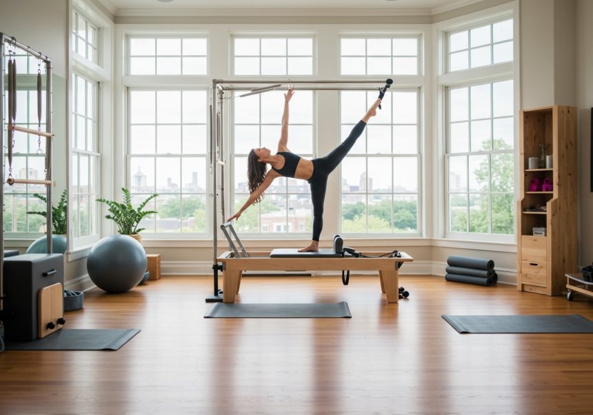 Eine Frau übt Pilates auf einem Reformer in einem hellen Studio mit großen Fenstern.