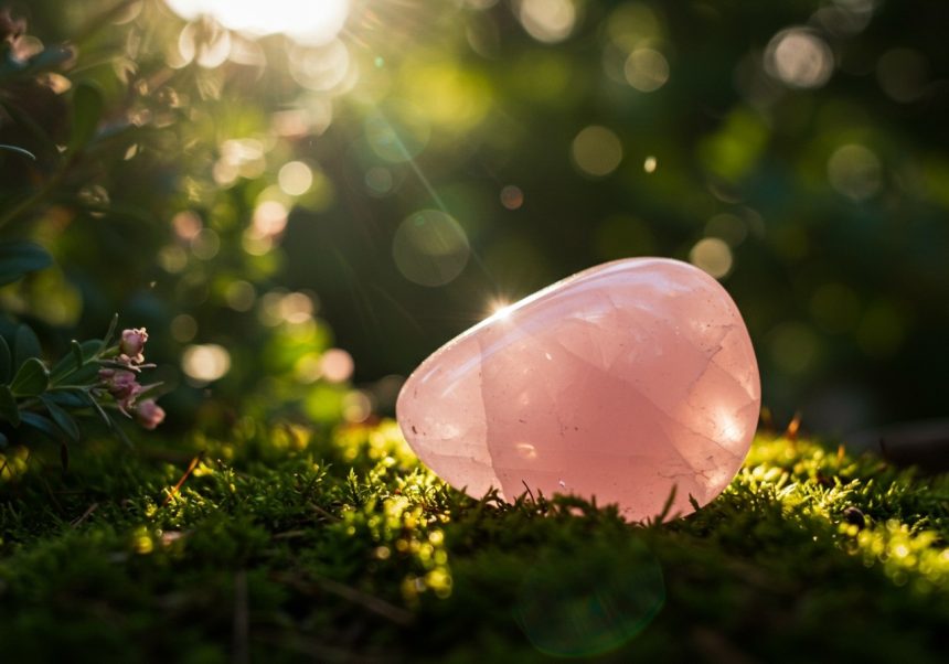 Ein glatter Rosenquarzstein liegt auf grünem Moos, umgeben von sanftem Licht.