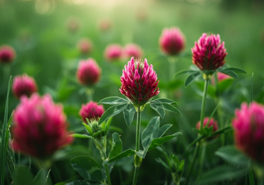 Roter Klee mit leuchtend pinken Blüten in einer grünen Wiese.