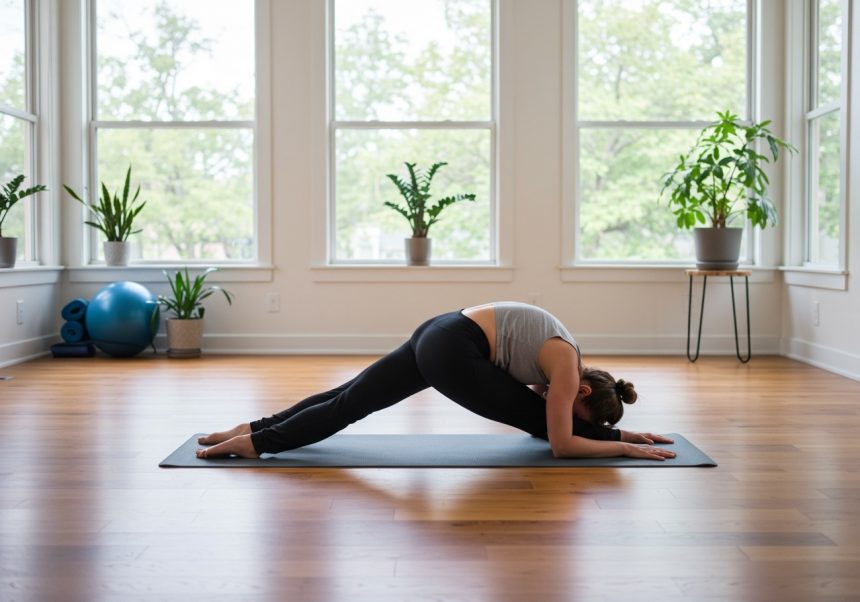 Eine Person führt eine Yoga-Übung auf einer Matte in einem hellen Raum aus.