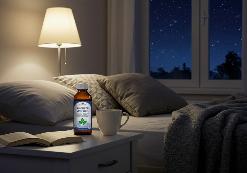Ein Nachttisch mit Valeriana Night Forte, einer Tasse und einem Buch in einem gemütlichen Schlafzimmer.