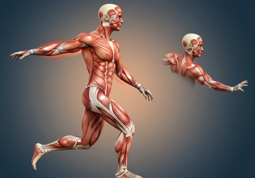 Ein anatomisches Modell eines laufenden Menschen mit sichtbaren Muskeln.