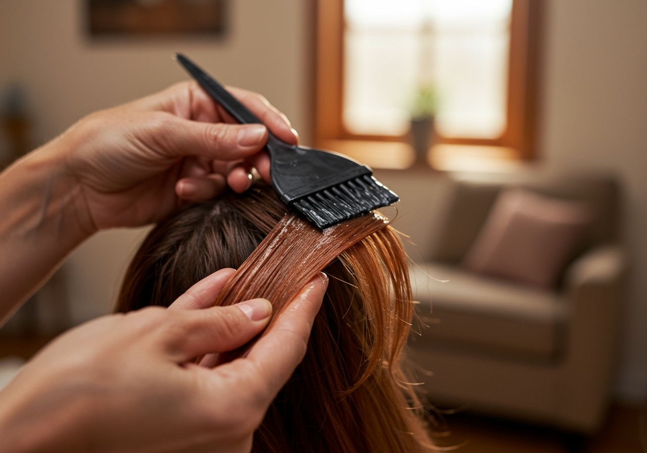 Eine Person färbt sorgfältig die Haare mit einem Pinsel in einem hellen Raum.
