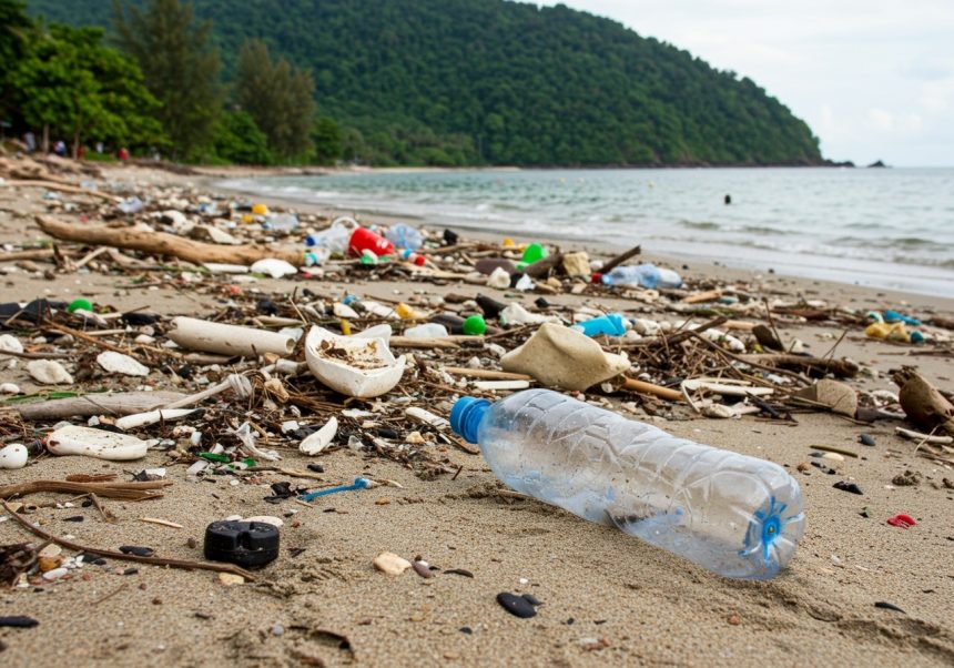 Eine Plastikflasche liegt am Strand, umgeben von Müll und Treibholz.