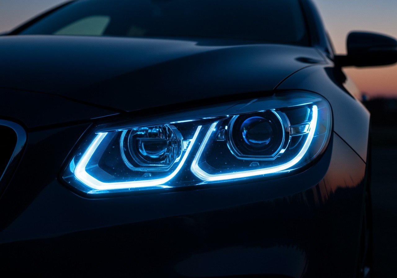 Nahaufnahme eines Autos mit Bi-Xenon-Scheinwerfern, die hell leuchten.