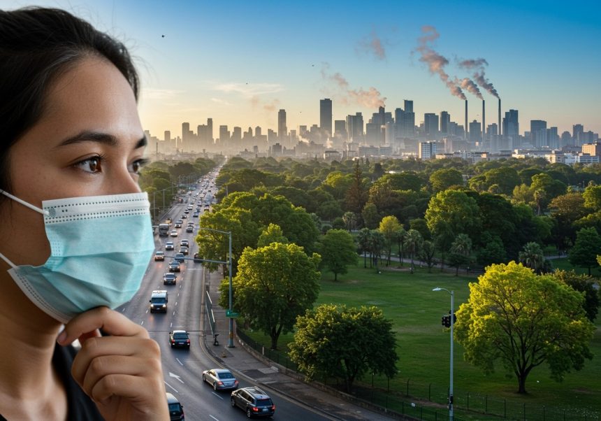 Eine Person mit Mundschutz schaut auf eine Stadt mit Smog und Verkehr.
