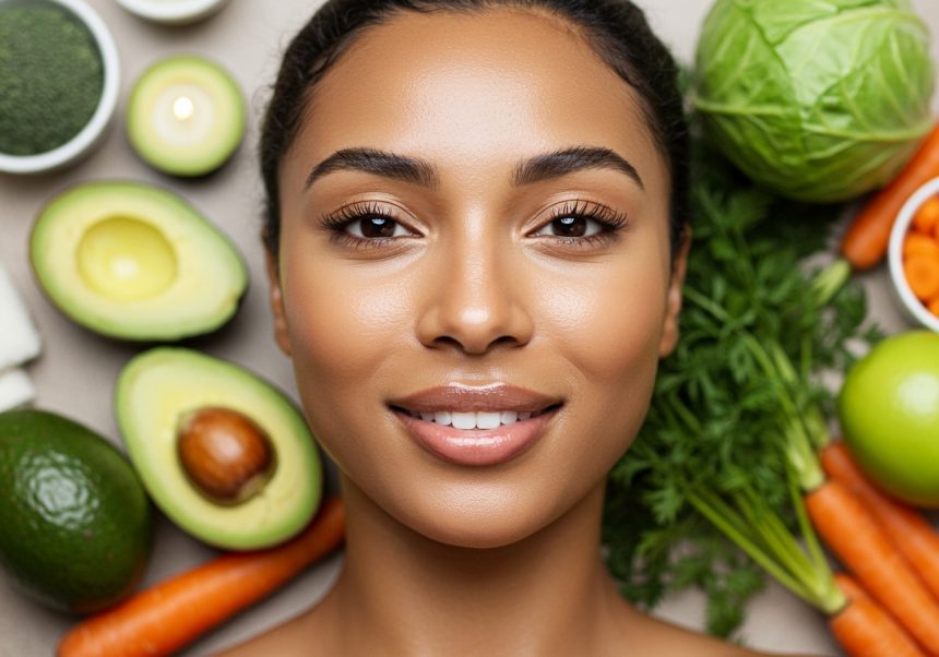 Eine Frau mit strahlender Haut umgeben von frischen Lebensmitteln wie Avocado, Karotten und Kohl.