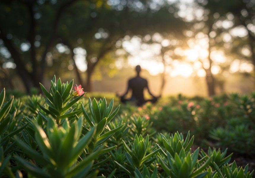 Eine ruhige Meditationsszene mit Pflanzen und Sonnenlicht im Hintergrund.