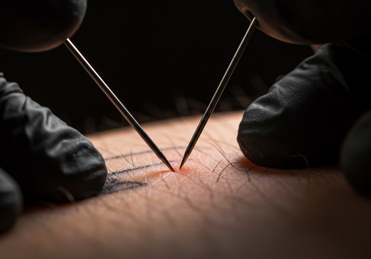 Nahaufnahme von Tätowiernadeln, die auf Haut gerichtet sind, während ein Tattoo gestochen wird.
