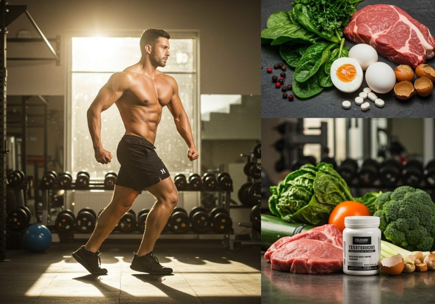 Ein muskulöser Mann läuft im Fitnessstudio, umgeben von gesunden Lebensmitteln.