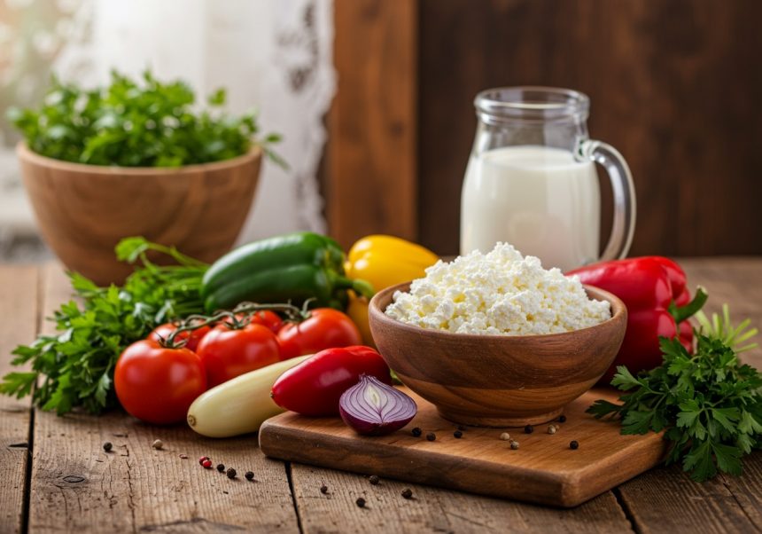 Eine Schüssel mit Topfen, frisches Gemüse und Milch auf einem Holztisch.