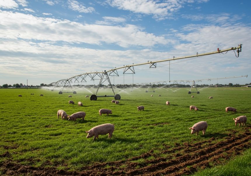 Schweine grasen auf einer grünen Wiese, während ein Bewässerungssystem Wasser sprüht.