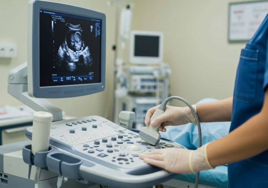 Ein Arzt führt eine Ultraschalluntersuchung an einem Patienten durch.
