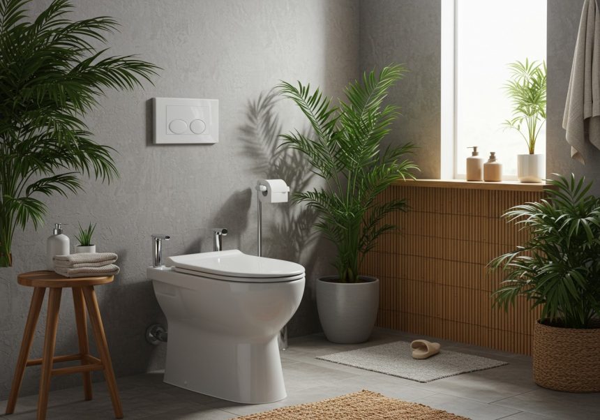 Ein modernes Bio-WC in einem stilvollen Badezimmer mit Pflanzen.