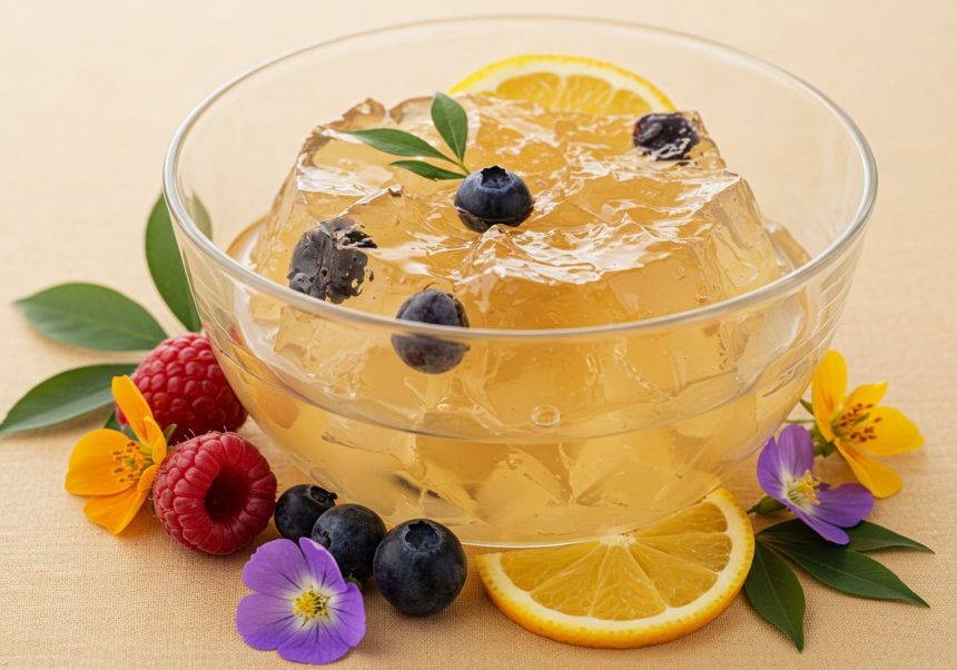 Eine Schüssel mit Gelatine, garniert mit Beeren und Zitrusfrüchten.