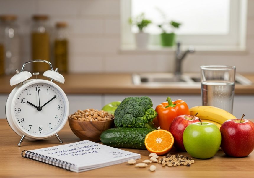 Eine Uhr, frisches Obst, Gemüse und Wasser auf einem Tisch, symbolisiert gesunde Essgewohnheiten.