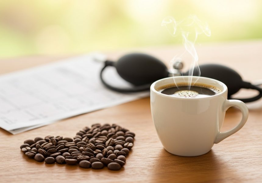 Eine Tasse dampfender Kaffee steht neben Kaffeebohnen in Herzform auf einem Tisch.