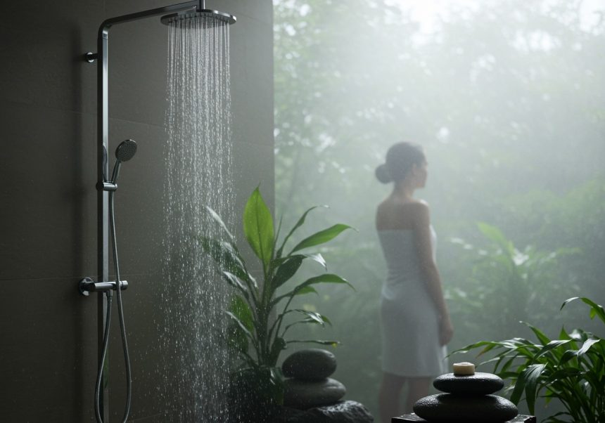 Eine Frau steht unter einer Dusche in einem grünen, dampfigen Raum.