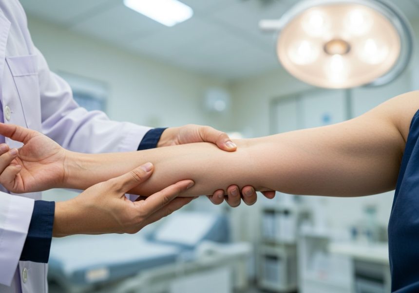 Ein Arzt untersucht den Arm eines Patienten in einer Klinik.