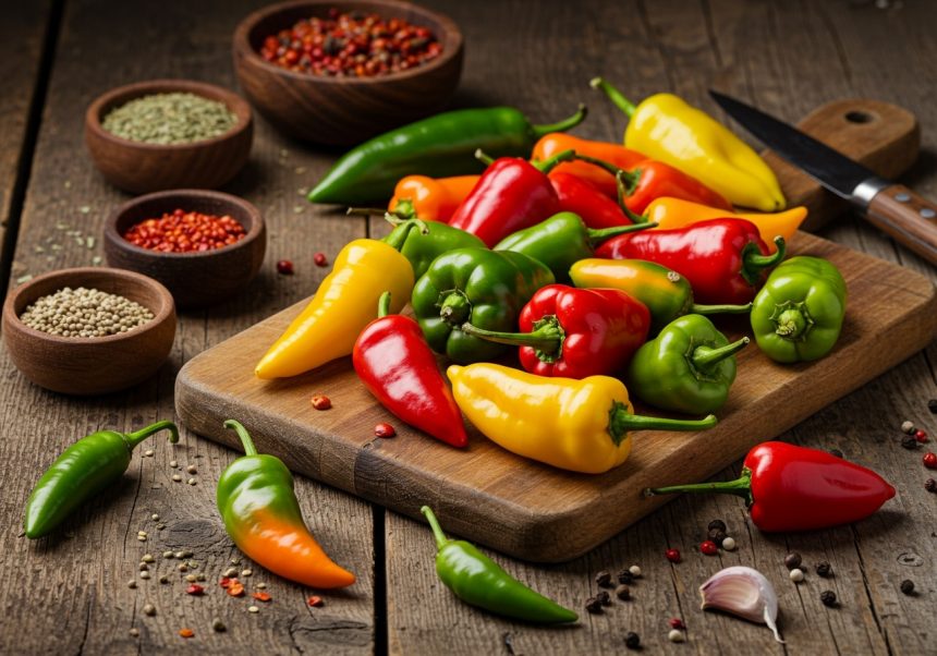 Bunte Chili-Paprika auf einem Holzbrett, umgeben von Gewürzen und einer Klinge.