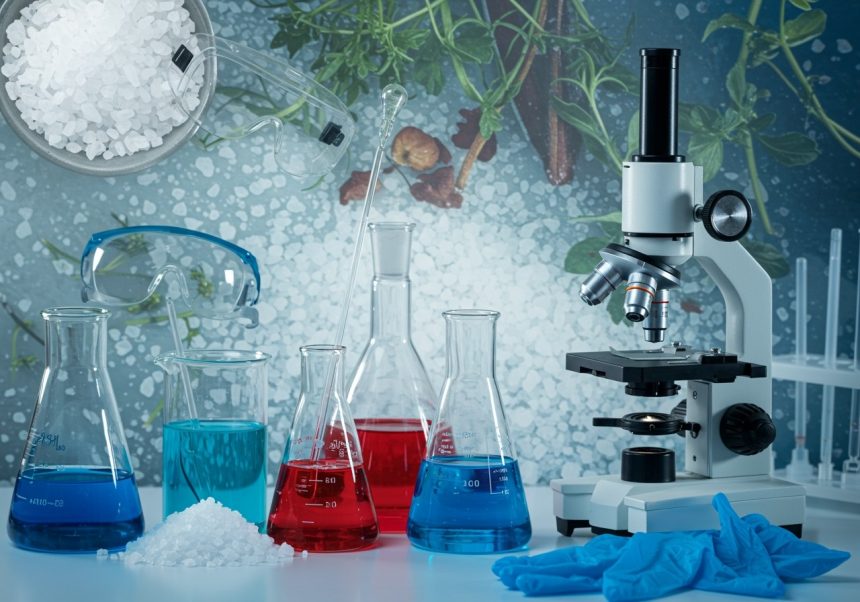 Laborumgebung mit Chemikalien, Mikroskop und Schutzbrille für sichere Experimente.