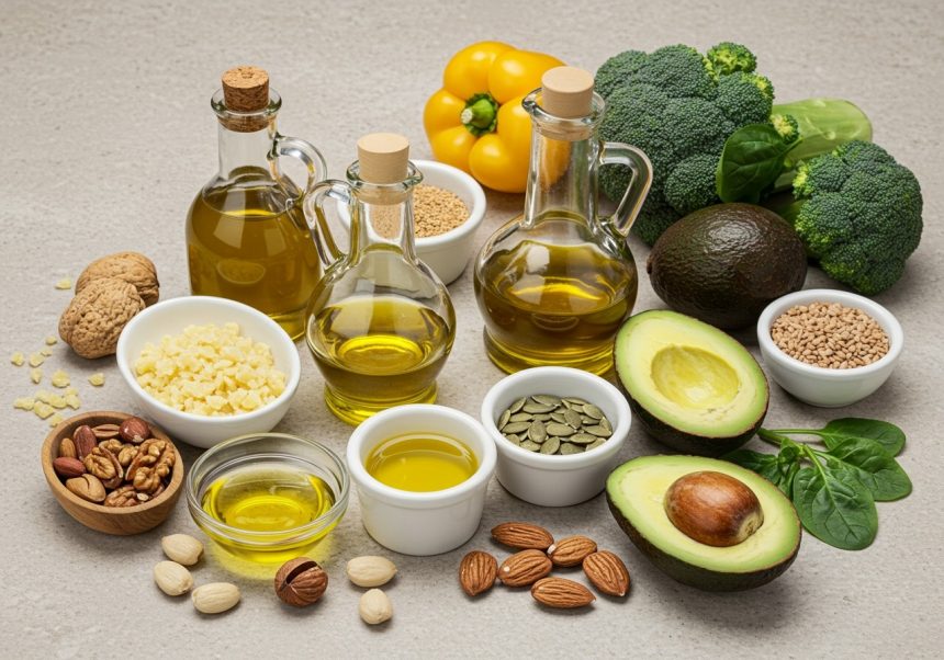 Verschiedene gesunde Fette und Öle, darunter Avocado, Nüsse und Gemüse.