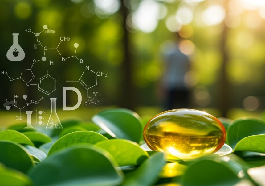Ein gelatines Kapsel auf grünen Blättern, umgeben von chemischen Formeln für Vitamin D.