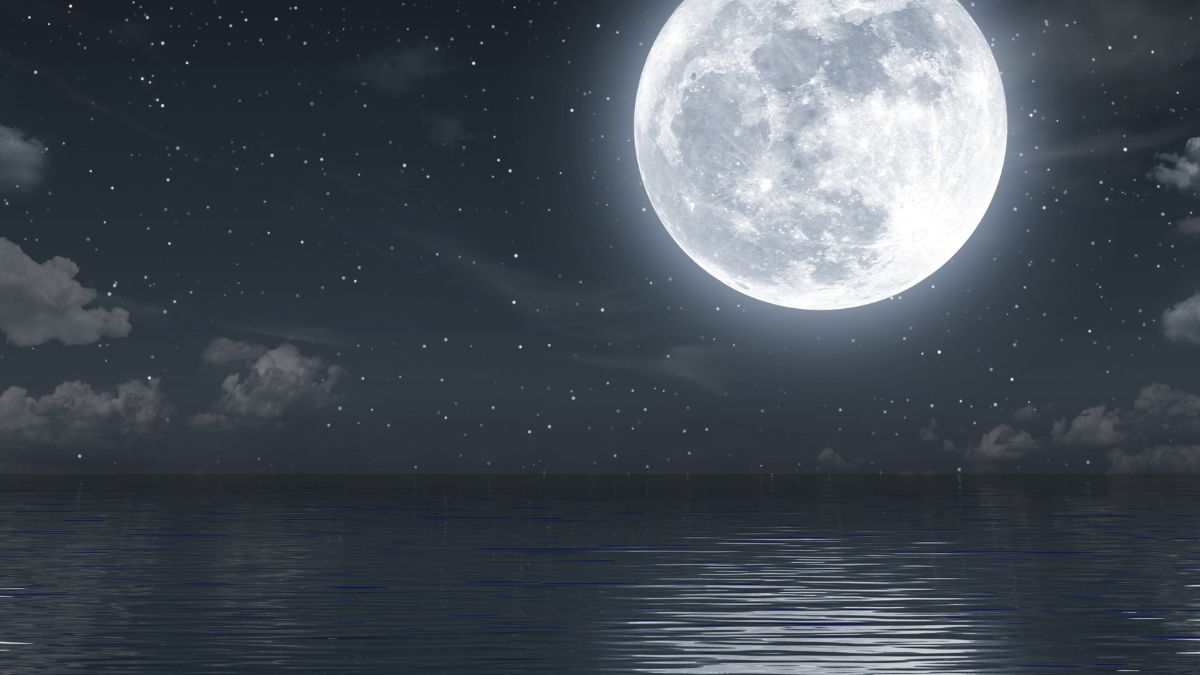 Ein strahlender Vollmond reflektiert sich auf ruhigem Wasser unter einem sternklaren Himmel.