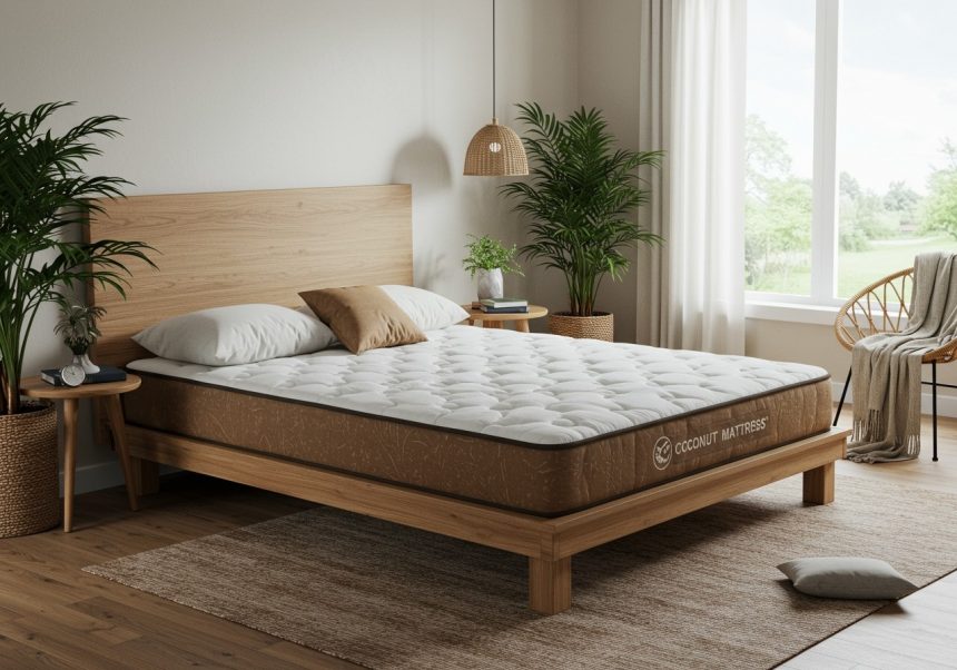 Eine Kokosmatratze auf einem Holzgestell in einem hellen Schlafzimmer mit Pflanzen.