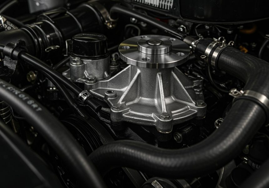 Nahaufnahme einer Wasserpumpe im Motorraum, die Kühlmittel zirkuliert.