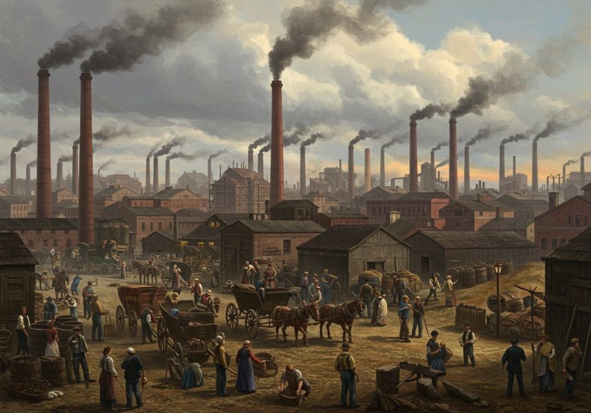 Eine belebte Fabriklandschaft mit rauchenden Schornsteinen und Arbeitern.